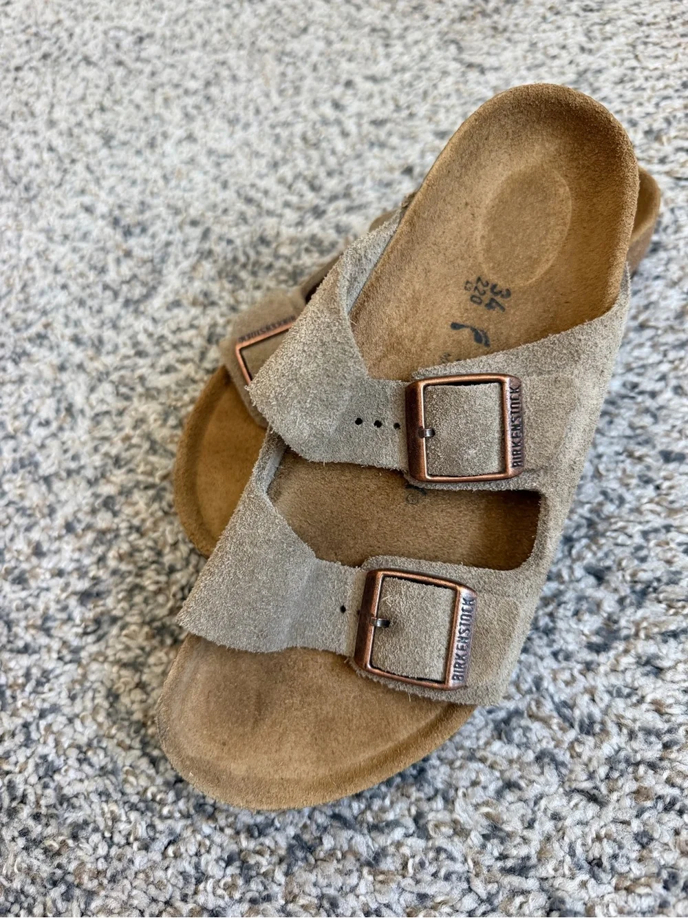 Birkenstock Kids Suede Two-Strap Sandals in Taupe Brown with Copper Buckles